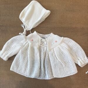 Vtg Bullocks Made in Italy Infant Knit Cardigan Sweater Bonnet Set White 1970’s